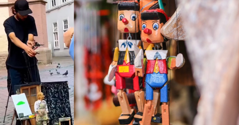 Amazing! Street Performer Moves Marionette Flawlessly To Make It Appear As If It's Painting