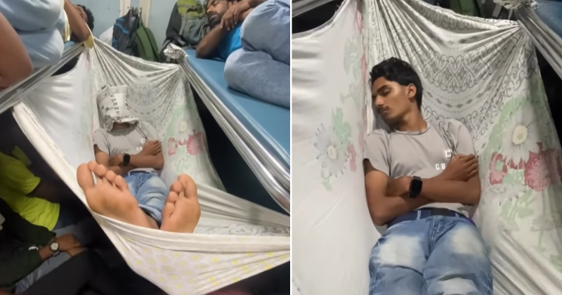 Man Sleeps In A Makeshift Hammock In Train, His Inexpensive Jugaad Becomes An Instant Hit!